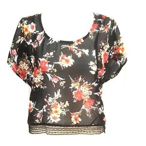 Black poppy floral scoop neck blouse.